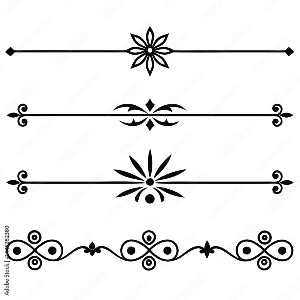 Decorative Line Dividers Set – Black Vector Horizontal Page Breaks with Symmetrical Designs

