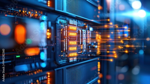 Close-up of a high-tech server with glowing data pathways and vibrant blue lighting.