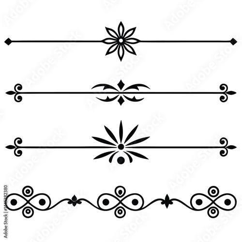 Decorative Line Dividers Set – Black Vector Horizontal Page Breaks with Symmetrical Designs
