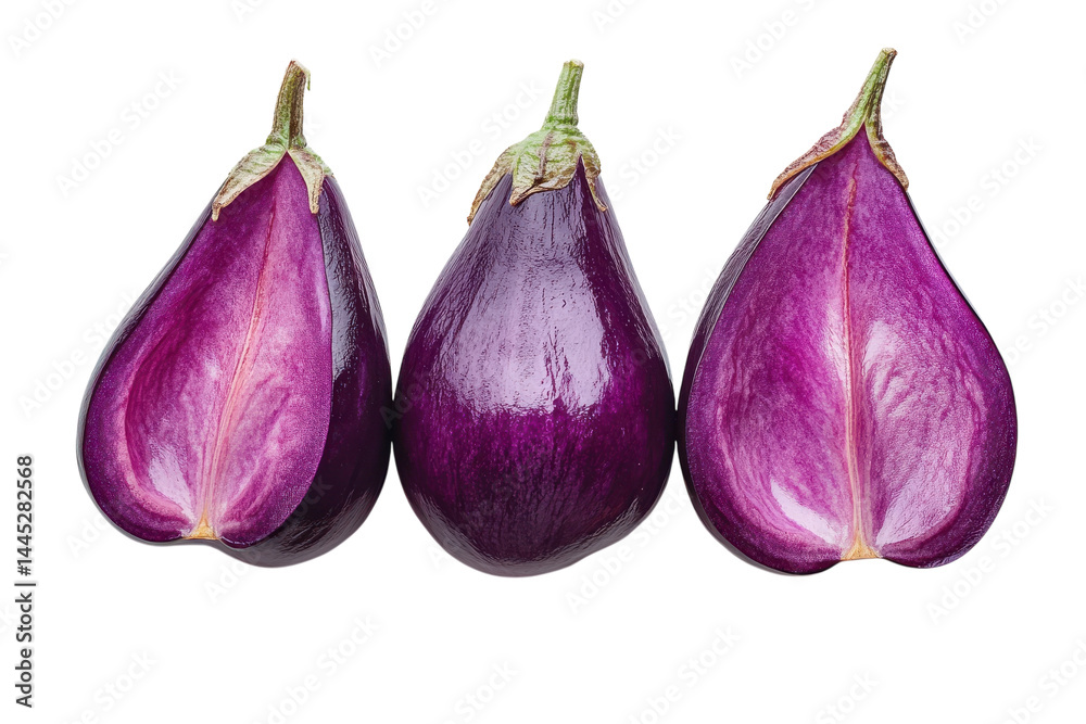 Fototapeta premium Three vibrant purple eggplants halved showcasing their rich inner texture against a bright white
