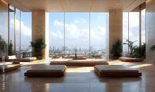 Modern high rise apartment interior with city view