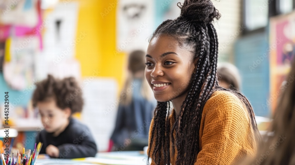 Young girl smiling in a colorful classroom. Her happy expression shows joy in learning and creativity with fellow students around her. Young girl smiling in a colorful classroom. Her happy expression shows joy in learning and creativity with fellow students around her.