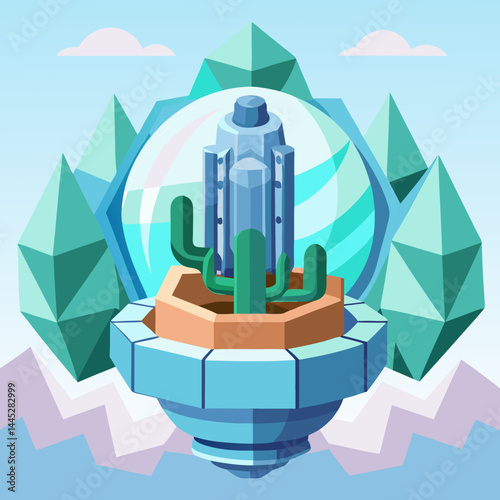 Cactus in a glass jar with fluffy clouds in the background, creating a serene and natural atmosphere.
