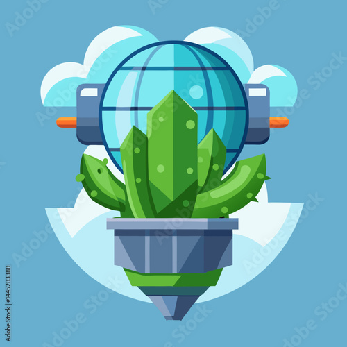 Cactus in a glass jar with fluffy clouds in the background, creating a serene and natural atmosphere.