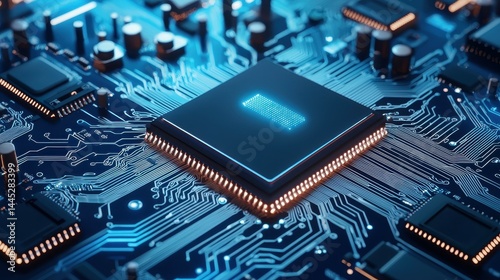 Wallpaper Mural Close-up of a modern microprocessor on a circuit board with glowing blue connections. Torontodigital.ca