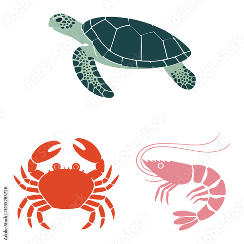 Vector set of black silhouette marine icons featuring a turtle, crab, and shrimp on a white background