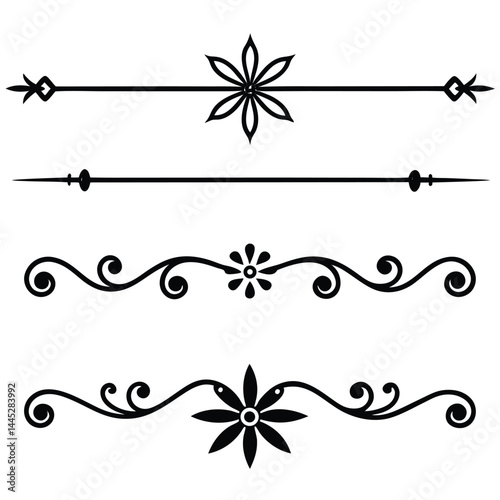 Decorative Line Dividers Set – Black Vector Horizontal Page Breaks with Symmetrical Designs
