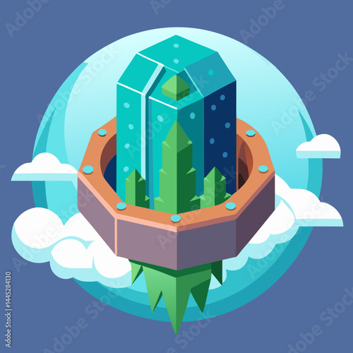 Cactus in a glass jar with fluffy clouds in the background, creating a serene and natural atmosphere.