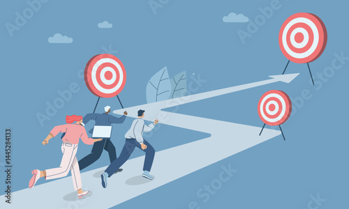 Business team running towards goal step by step, Timeline, Short-term, medium-term and long-term business goals concept, Corporate success target creation, Flat vector design illustration.