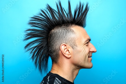 Visual idea of style for aging men. A cheerful and poised gentleman standing elegantly. Trendy men's short edgy haircut - midlife white man with black hair. Blue solid background.