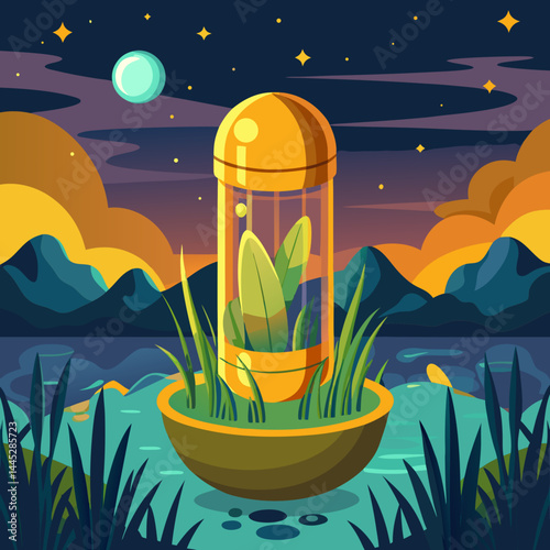 A desert landscape featuring a serene pond surrounded by sand, with a modern glass dome reflecting the sunlight.