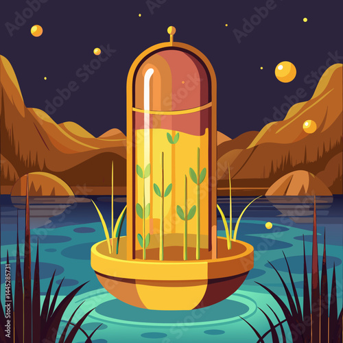 A desert landscape featuring a serene pond surrounded by sand, with a modern glass dome reflecting the sunlight.