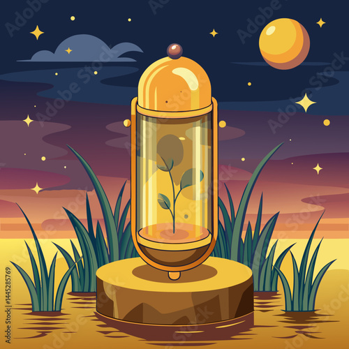 A desert landscape featuring a serene pond surrounded by sand, with a modern glass dome reflecting the sunlight.