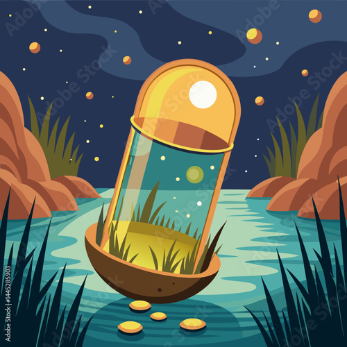 A desert landscape featuring a serene pond surrounded by sand, with a modern glass dome reflecting the sunlight.
