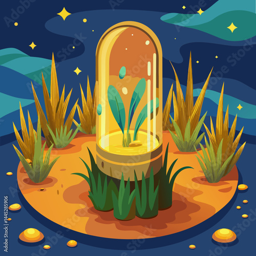 A desert landscape featuring a serene pond surrounded by sand, with a modern glass dome reflecting the sunlight.