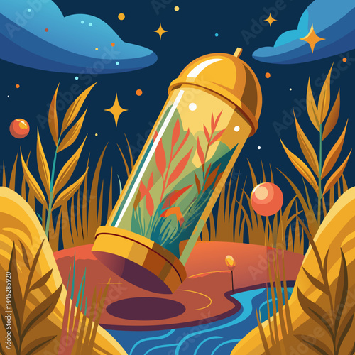 A desert landscape featuring a serene pond surrounded by sand, with a modern glass dome reflecting the sunlight.