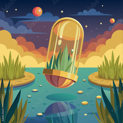 A desert landscape featuring a serene pond surrounded by sand, with a modern glass dome reflecting the sunlight.