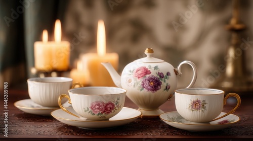 Wallpaper Mural elegant vintage tea set with delicate floral porcelain cups arranged on a carved wooden table Torontodigital.ca