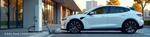 White electric car plugged into charging station Battery energy concept , battery, EV