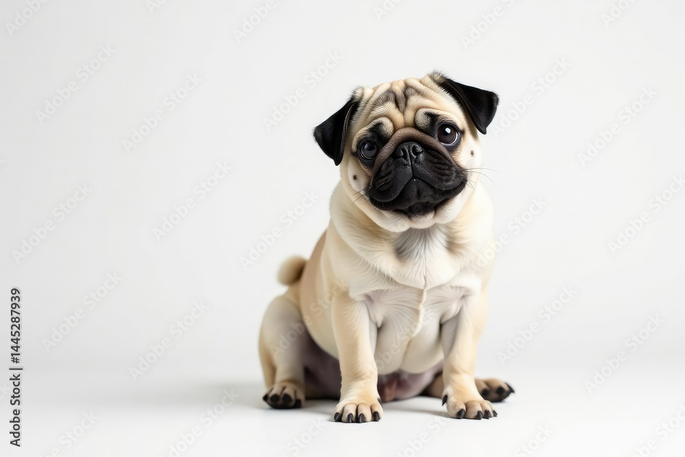 Obraz premium Adorable pug dog sits alone, white background, friend, animal image