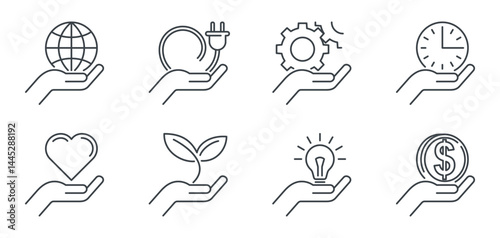 Hand holding diverse symbols - Web icons collection in thin line