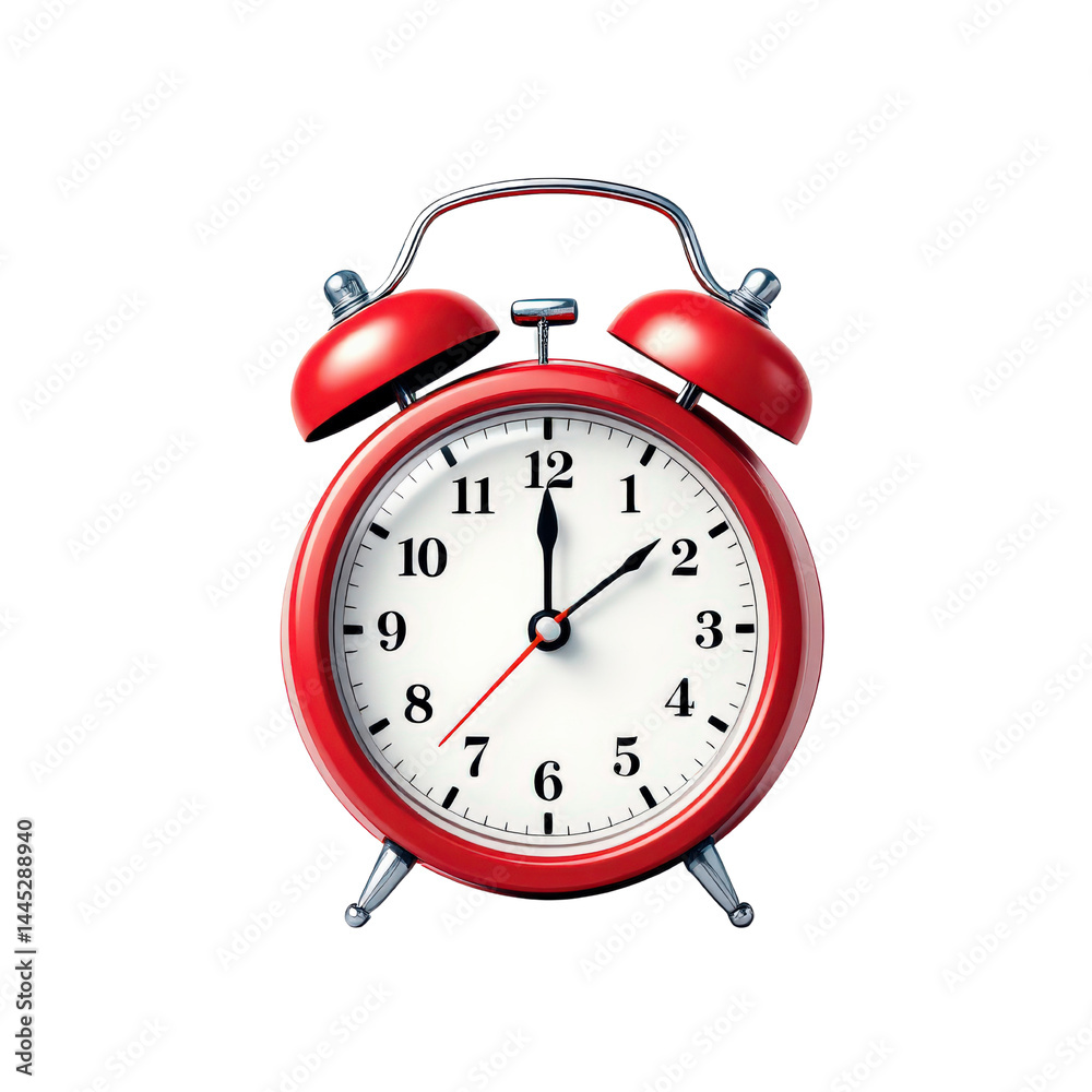 Classic red alarm clock with two bells and black numbers, showing the time at 7:10. Classic red alarm clock with two bells and black numbers, showing the time at 7:10.