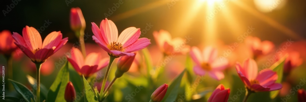 Naklejka premium Close-up of sunbeams illuminating vibrant flowers , botanical, flowers, stock