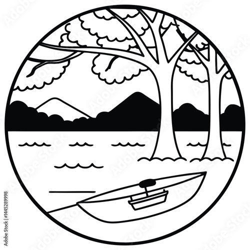 Camping Activities kayaking vector silhouette Line art