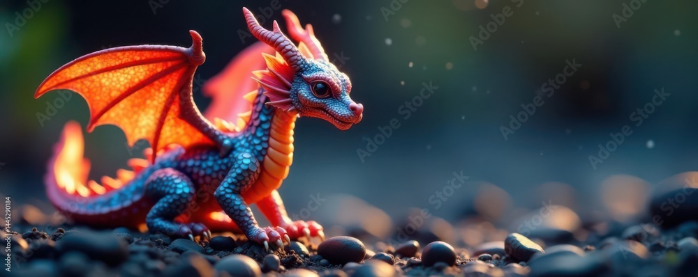 Obraz premium Tiny, iridescent dragon breathes miniature flame , baby, fire breathing, illustration
