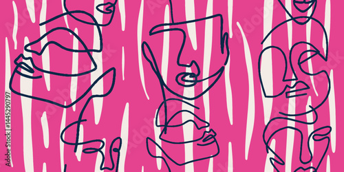 Seamless pattern line drawing of women with different face and abstract forms
