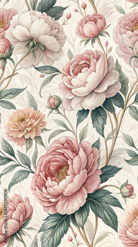 Seamless pattern, peony flower print, pastel colors.