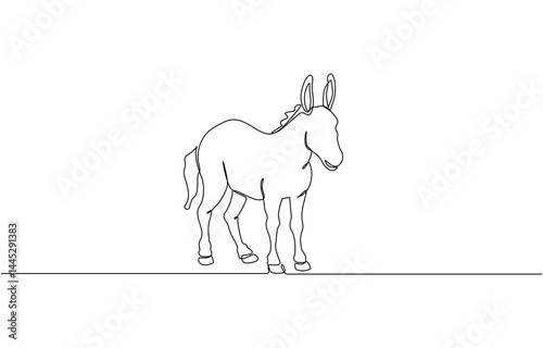 Donkey one line drawing on white isolated background. Vector illustration, Single one line drawing donkey cute farm animal. Friendly tame animals mascot for livestock.