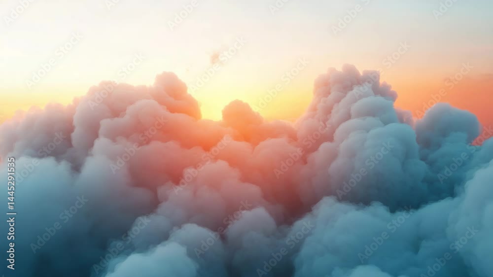 Fluffy clouds and warm sunset create serene sky filled with breathtaking beauty.