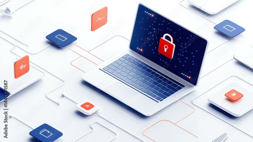 A modern laptop with a security lock icon, showcasing cybersecurity themes. A modern laptop with a security lock icon, showcasing cybersecurity themes.