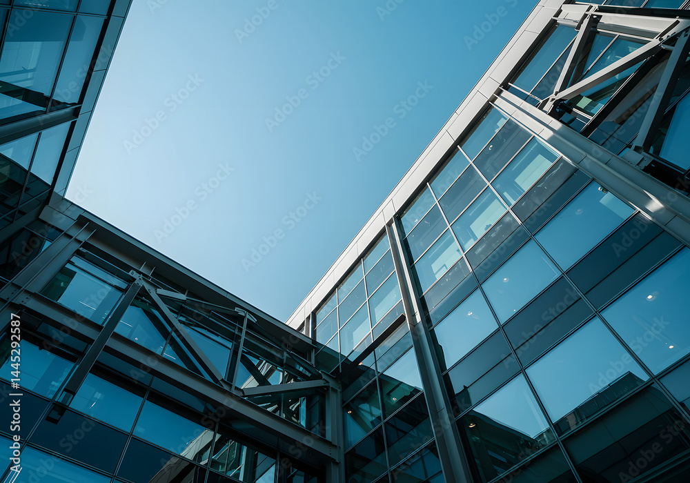 Obraz premium Modern Architecture Building Exterior Glass Facade, Steel Structure, Sky View, Corporate Office Design.
