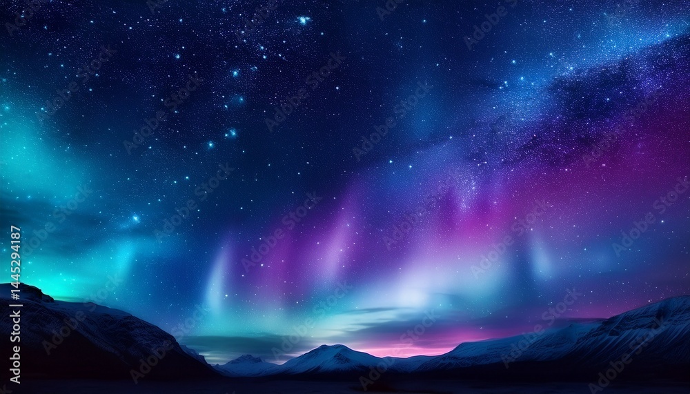 Fototapeta premium Aurora Borealis Night Sky Mountains Stars Winter Landscape Celestial