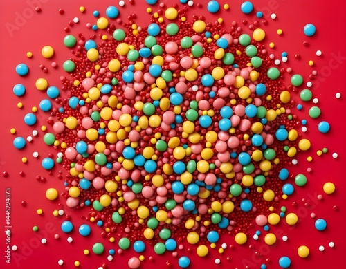 Colorful Candy Pile on Red Background