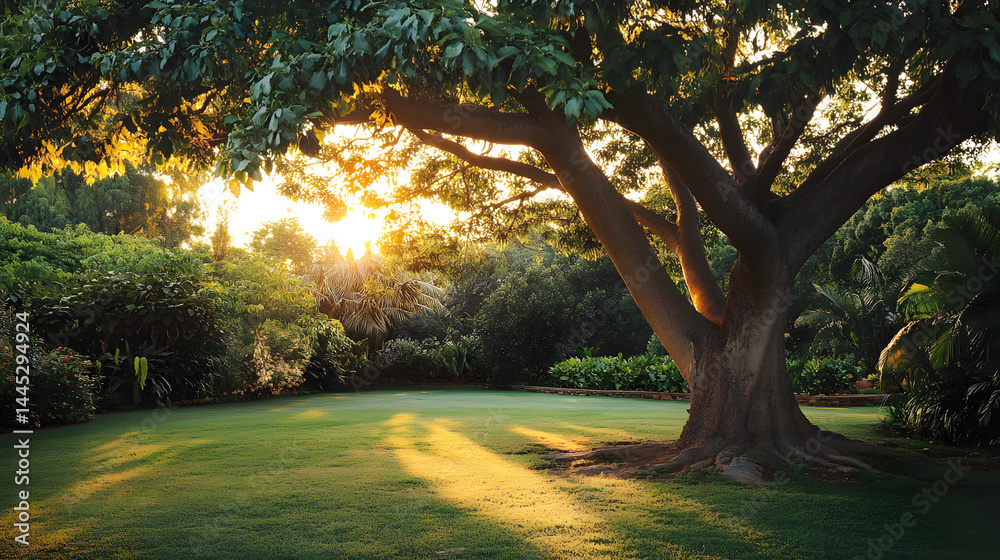 Fototapeta premium Large leafy tree lush garden with soft golden