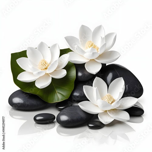 Tranquil Spa Scene White Lotus Flowers and Black Stones