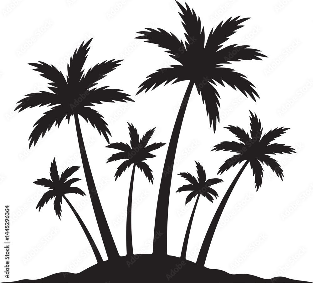 Fototapeta premium A tropical beach scene at sunset features a striking palm tree silhouette against the colorful sky