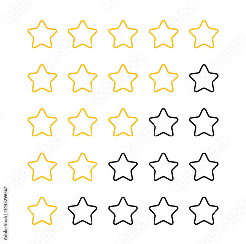 Vector star rating icons for feedback and reviews. Includes 1 to 5 stars, half stars, filled and outlined styles. Perfect for UI/UX, product ratings, reviews, and feedback systems.