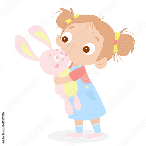 
A cute cartoon girl with pigtails in a blue dress, hugging a pink bunny plush toy. Soft pastel colors, playful style.