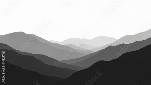Mountain Peak Silhouette Panorama with Fog – Black Landscape Illustration Banner