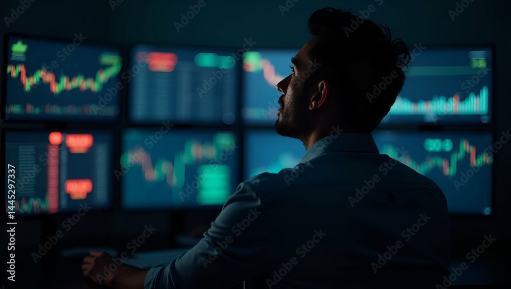 Stressed Trader in Shock: Capturing the Intensity of Market Sell-Offs and Margin Calls on Multiple Monitors - Stock Photo Concept with Space for Text Stressed Trader in Shock: Capturing the Intensity of Market Sell-Offs and Margin Calls on Multiple Monitors - Stock Photo Concept with Space for Text