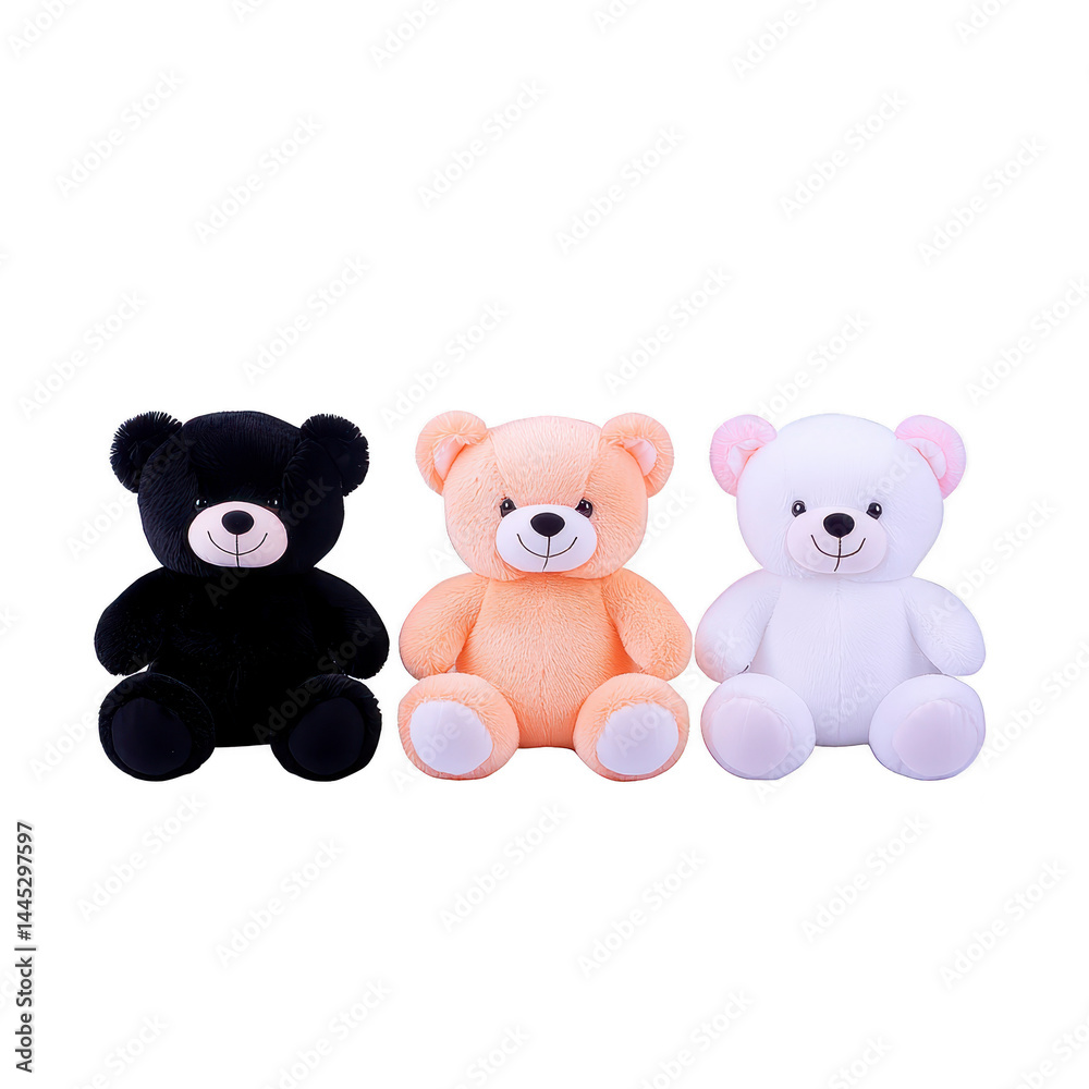 Three teddy bears in black, brown, and white sit side by side, showcasing variety of colors and textures. bears have friendly expressions and are positioned against plain background Three teddy bears in black, brown, and white sit side by side, showcasing variety of colors and textures. bears have friendly expressions and are positioned against plain background