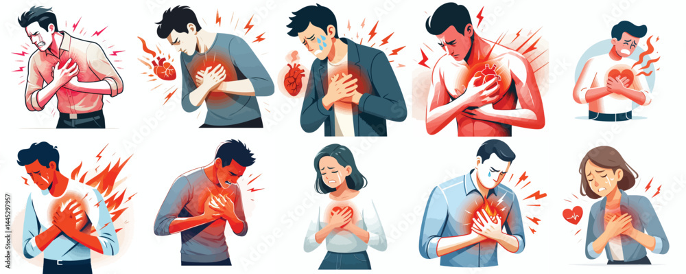 Naklejka premium Vector Set: Characters Experiencing Chest Pain or Heart Attack Symptoms