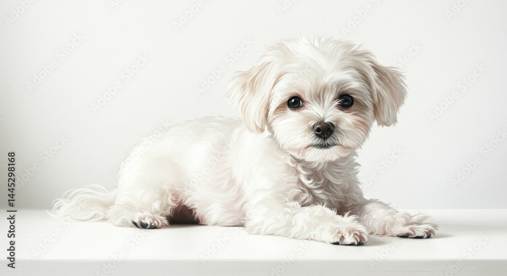 Obraz premium Adorable White Maltese Puppy Dog Portrait Studio Shot Fluffy Fur Pet Photography