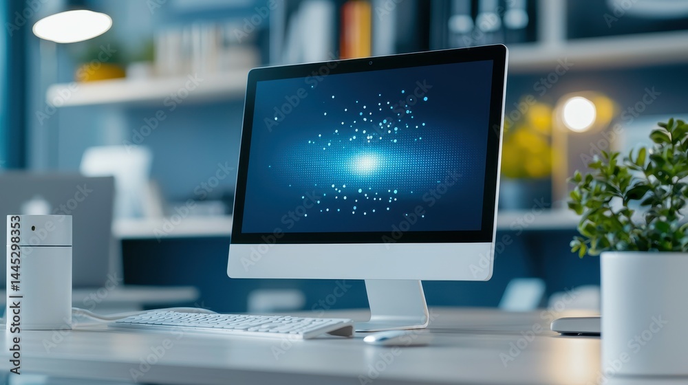 Home office setup featuring a sleek monitor and modern decor in a calming blue tone. Home office setup featuring a sleek monitor and modern decor in a calming blue tone.