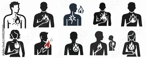 Heartburn and Acid Reflux Symptoms - Silhouette Icon Set