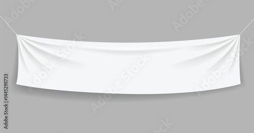 Fabric banner. Hanging white textile banner with rope. White canvas with folds. Blank horizontal mockup of poster isolated. Realistic advertising. Vector illustrator